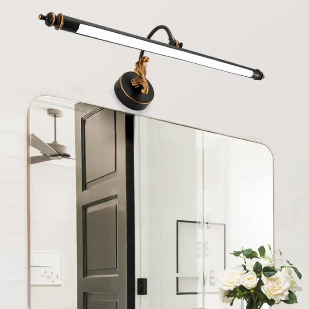 Modern black and gold tubular led wall light with ornate design and sleek LED bar for bathroom mirror illumination