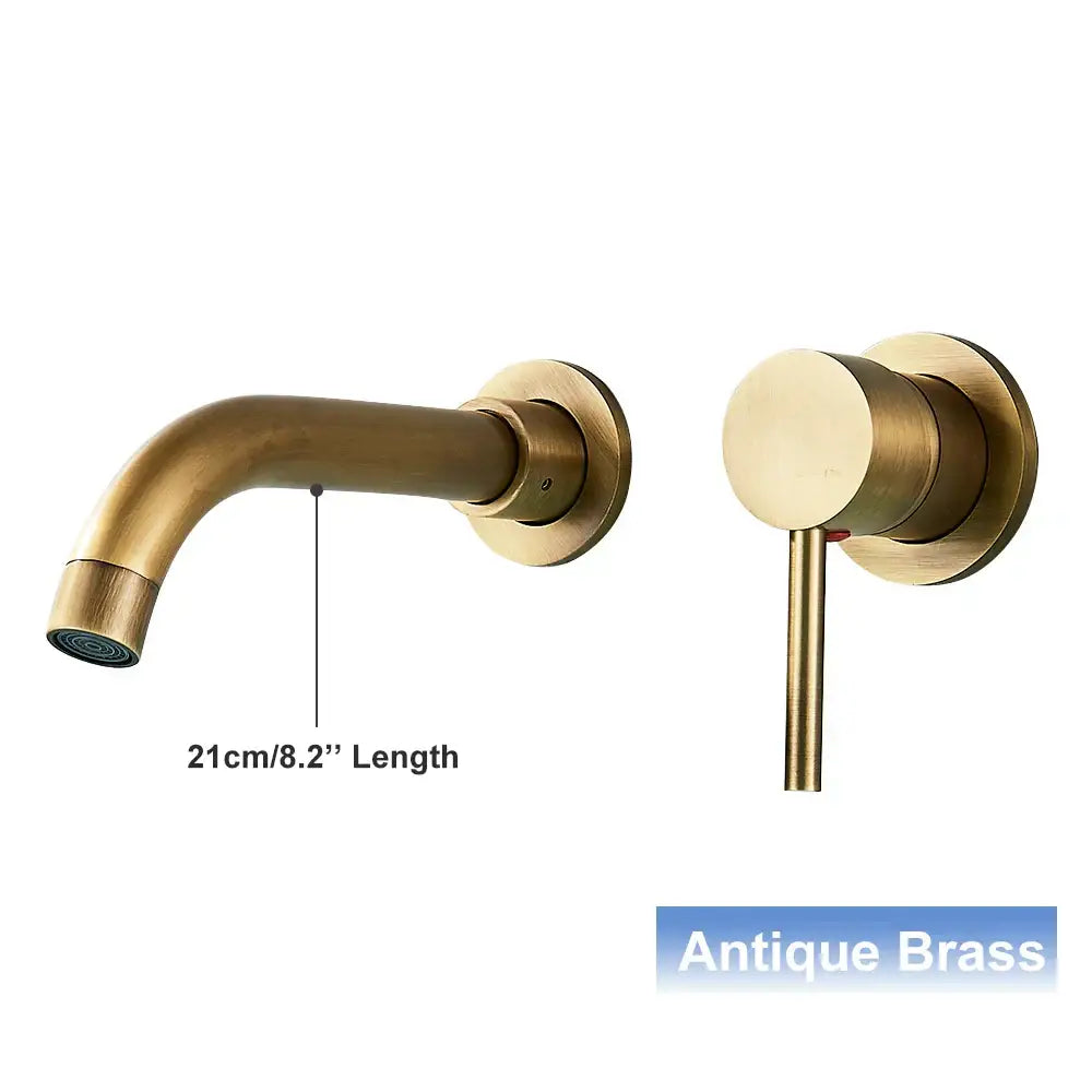 Antique brass wall mounted basin faucet with curved spout and cylindrical handle for bathroom mixer tap