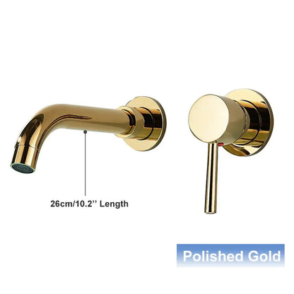 Polished gold wall mounted basin faucet with sleek modern design and matching cylindrical handle for bathroom use