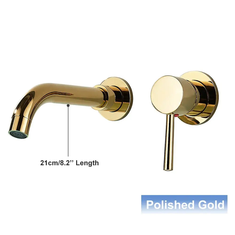 Polished gold wall mounted basin faucet with sleek modern design and matching cylindrical handle for bathroom use