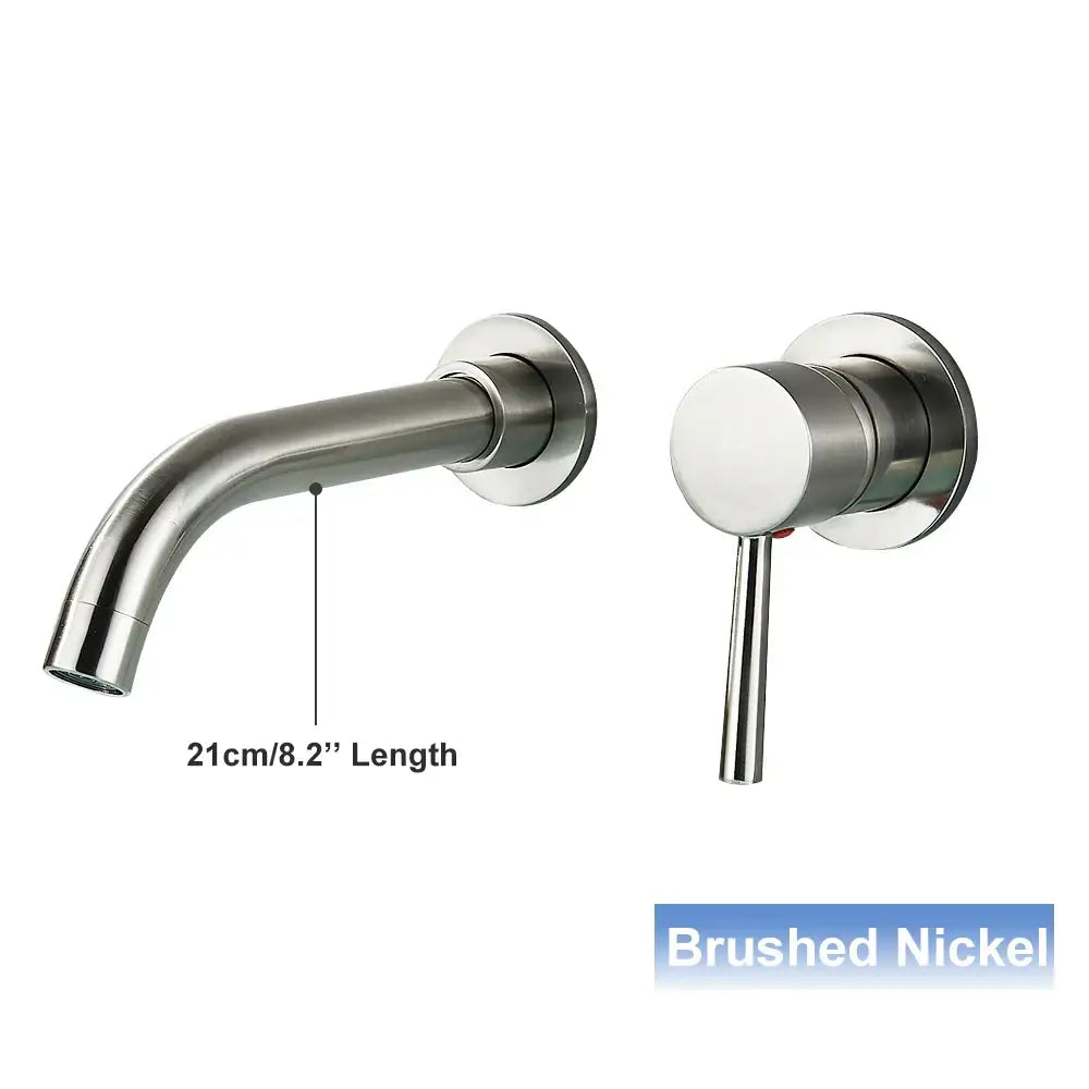 Brushed nickel wall mounted basin faucet with sleek curved spout and cylindrical handle for modern bathroom use