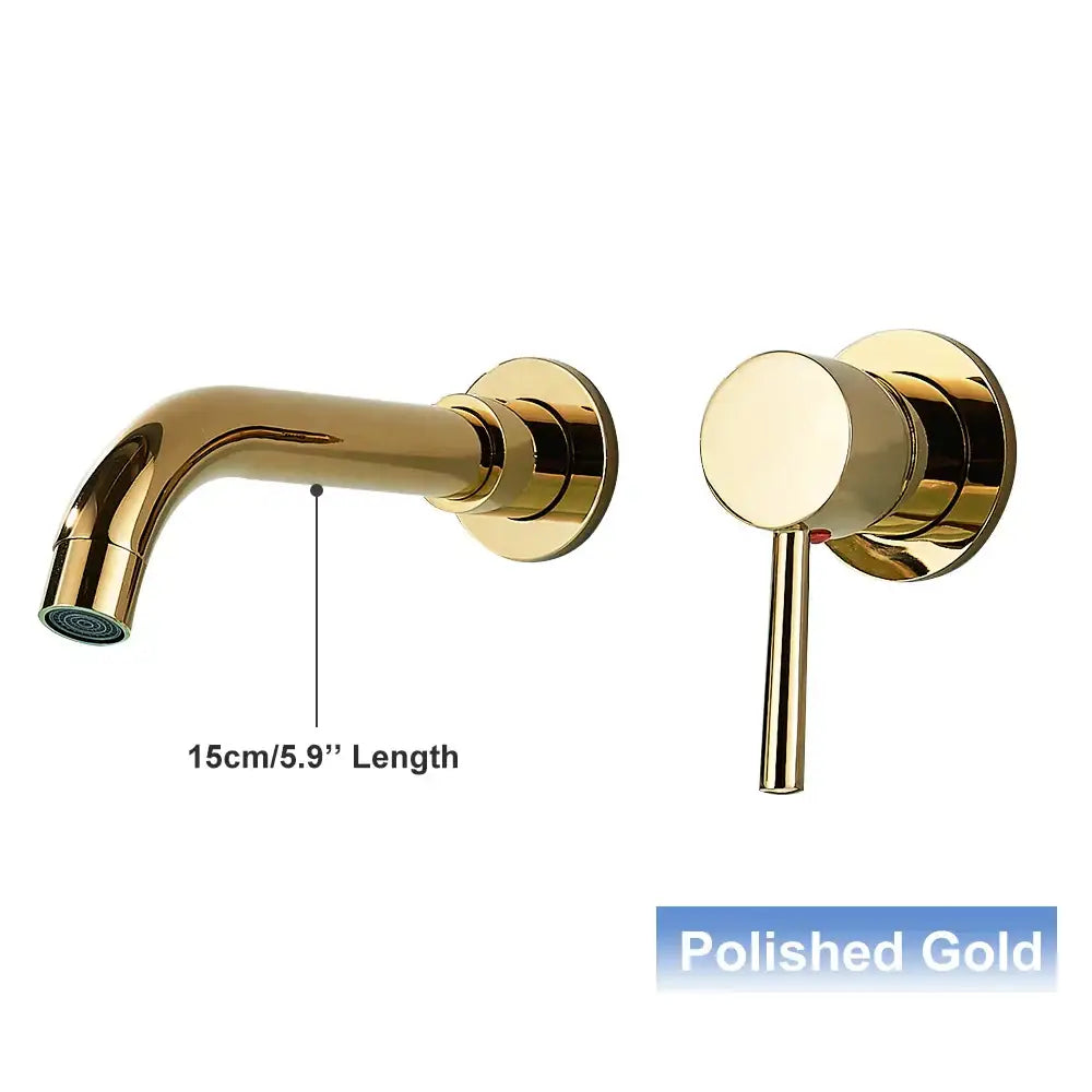 Polished gold wall mounted basin faucet with sleek modern design and matching cylindrical handle for bathroom use
