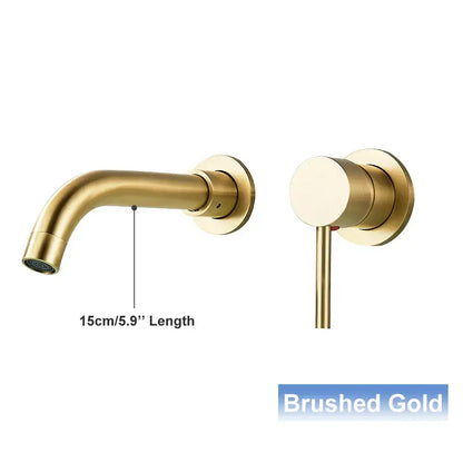 Brushed gold wall mounted basin faucet with sleek modern design and matching cylindrical handle for bathroom mixer tap