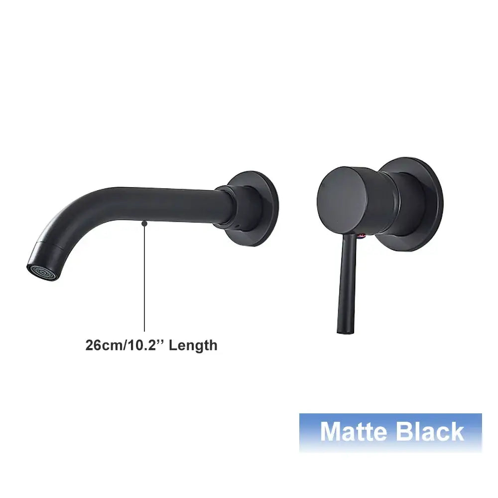 Modern black and gold wall mounted basin faucet with matte black finish and sleek cylindrical handle for bathroom use