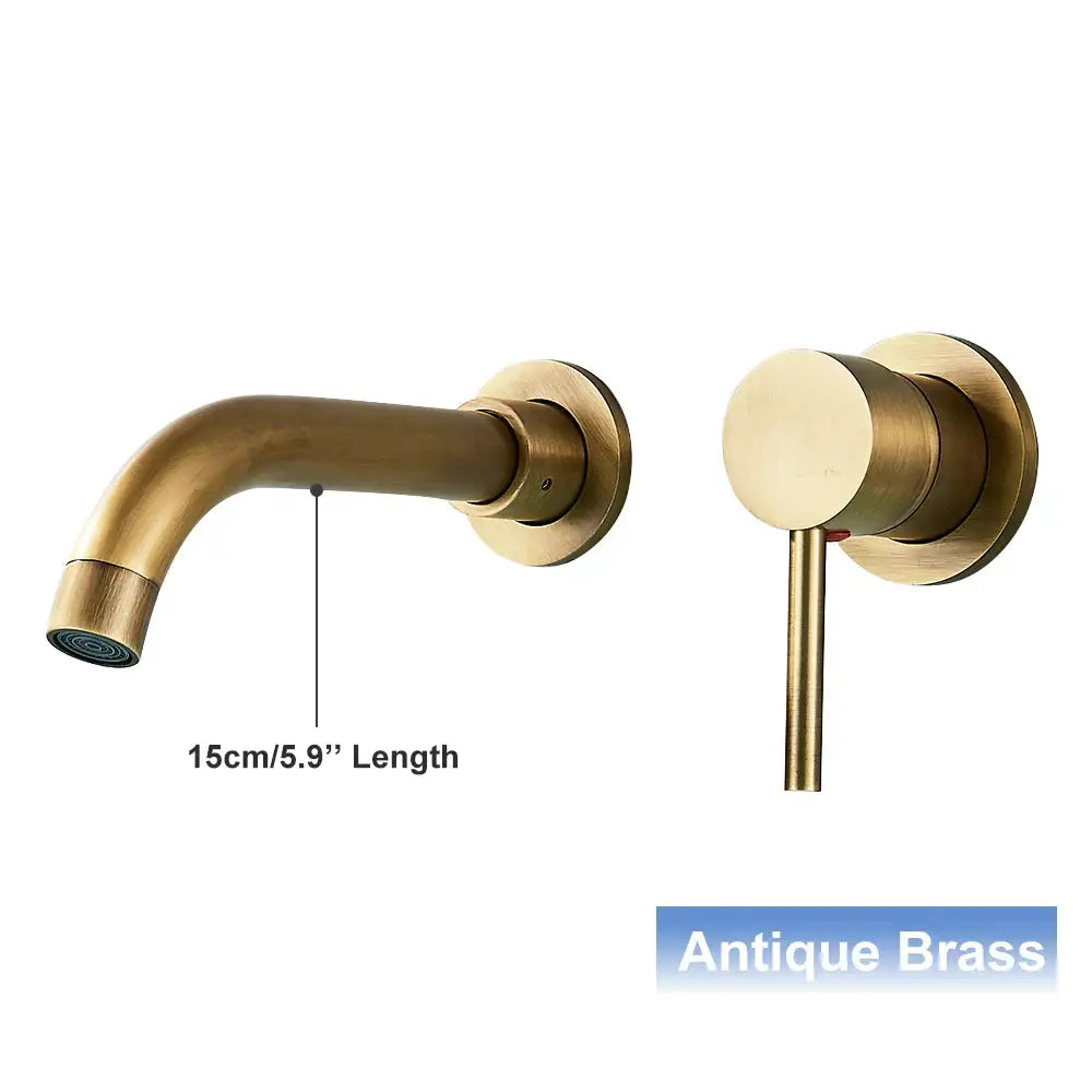 Antique brass wall mounted basin faucet with curved spout and cylindrical handle for bathroom mixer tap