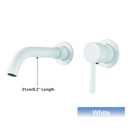 Modern black and gold wall mounted basin faucet with sleek curved white spout for bathroom mixer tap installation