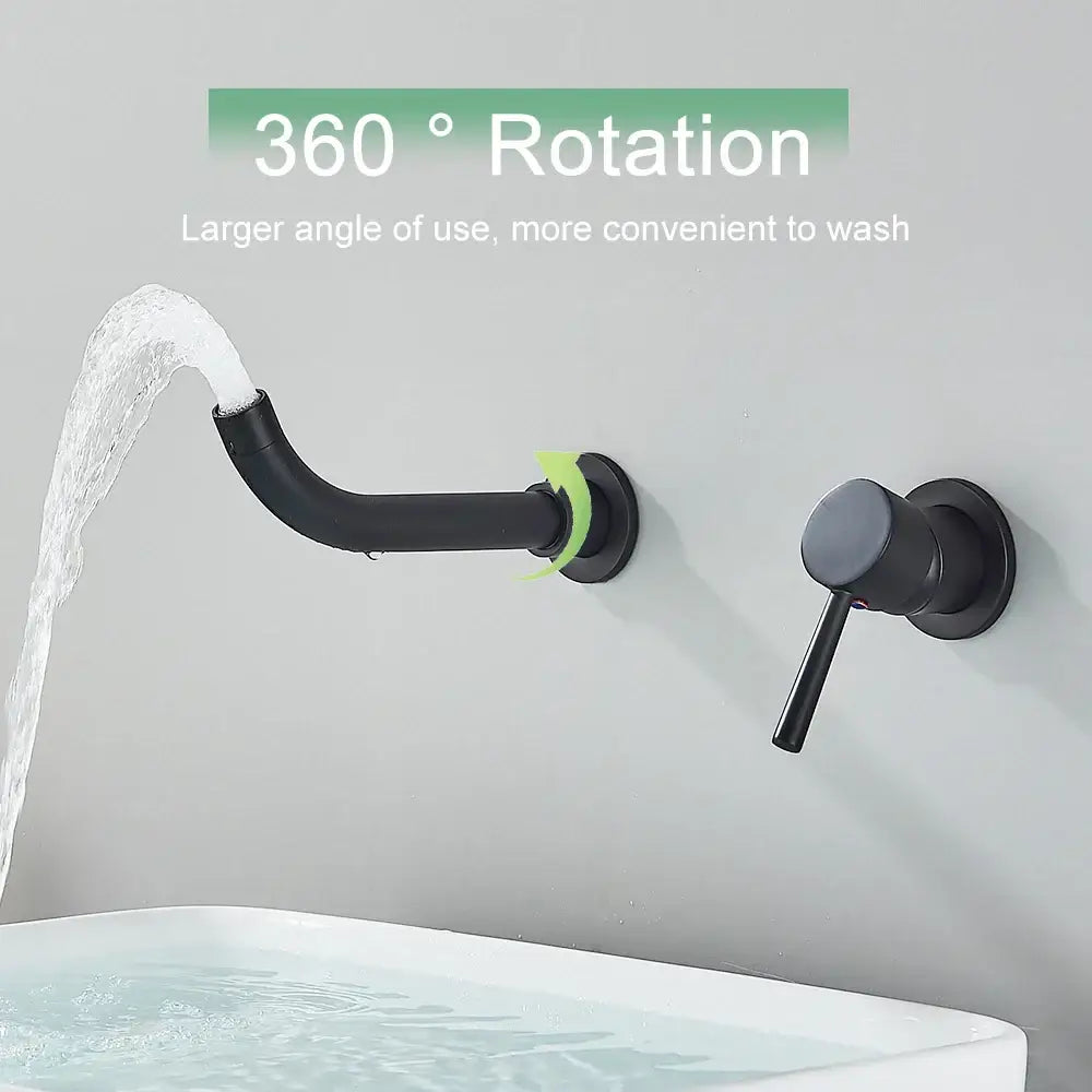 Modern black and gold wall mounted basin faucet with black matte finish and 360-degree rotating spout and lever handle