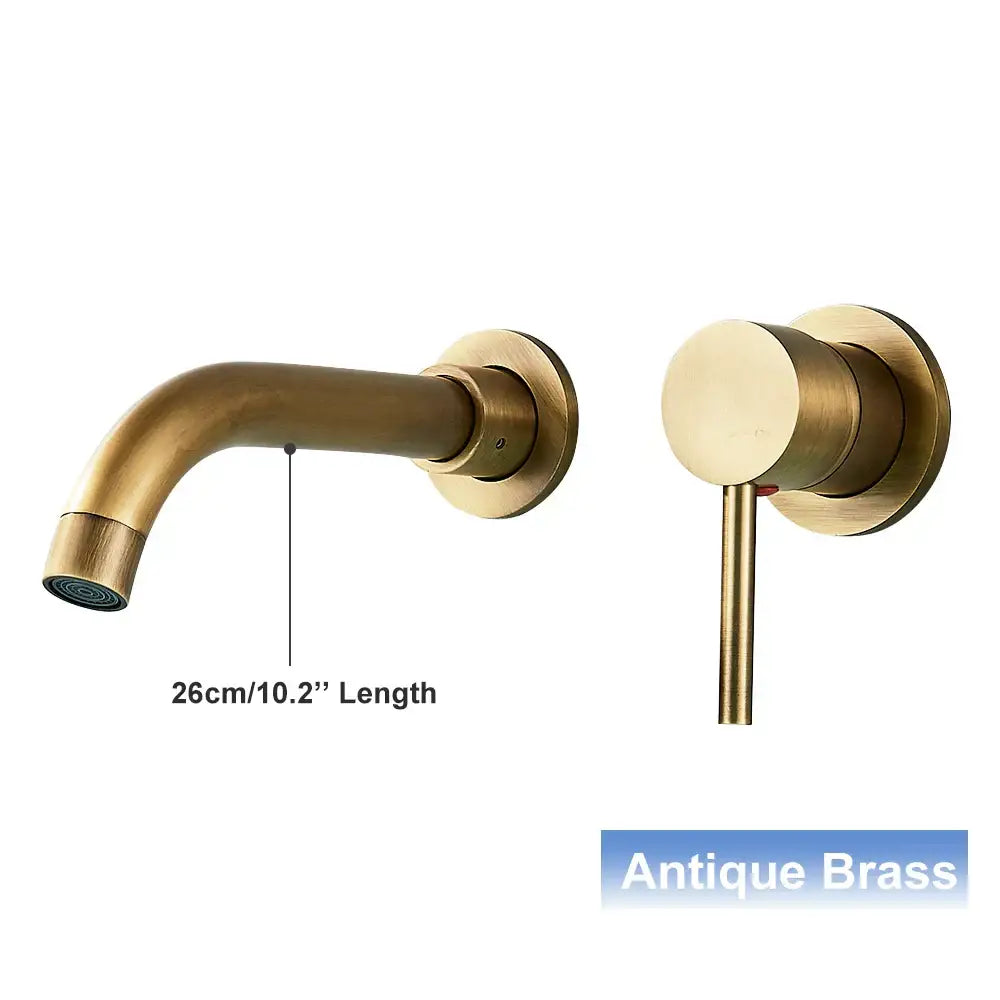 Antique brass wall mounted basin faucet with a curved spout and cylindrical handle for bathroom mixer tap