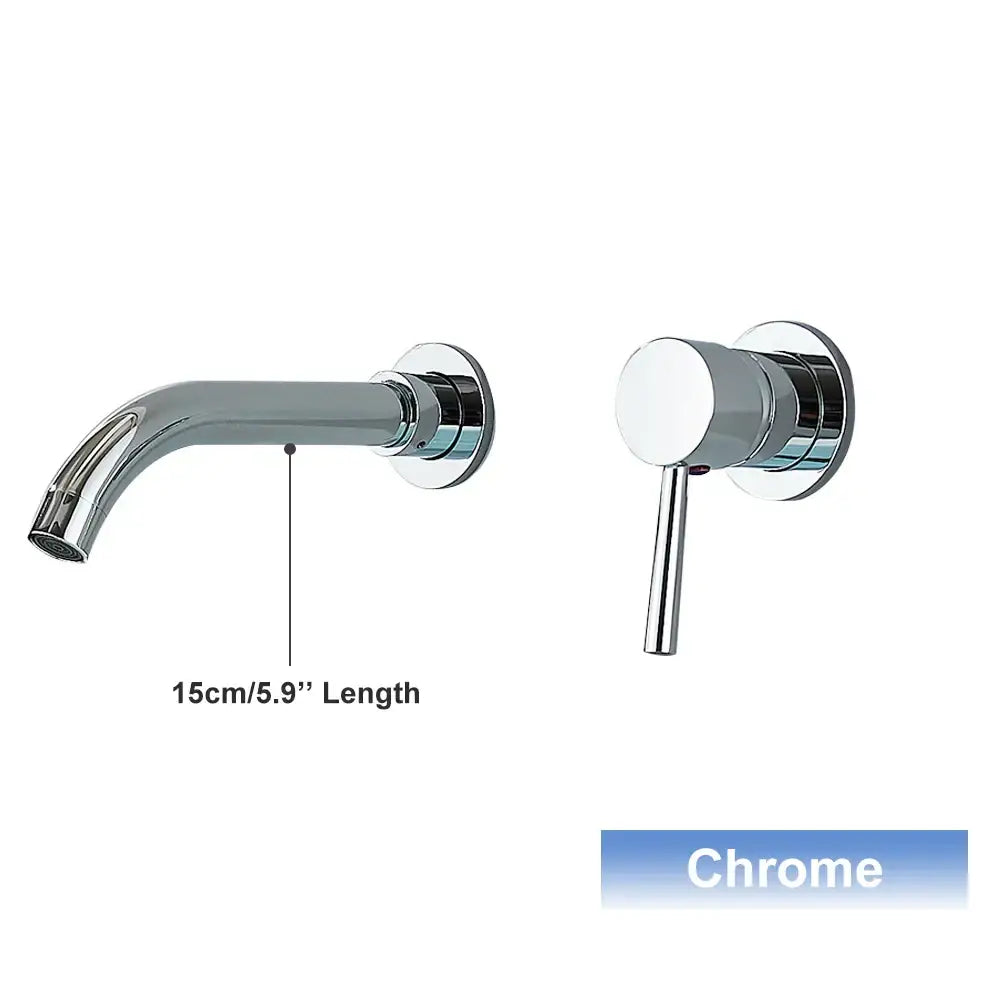 Chrome-finished wall mounted basin faucet with sleek curved spout and matching cylindrical handle for modern bathrooms
