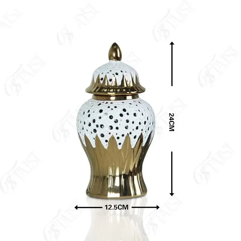 White ceramic golden porcelain jar with black polka dots and decorative lid for modern living room honeycomb decor