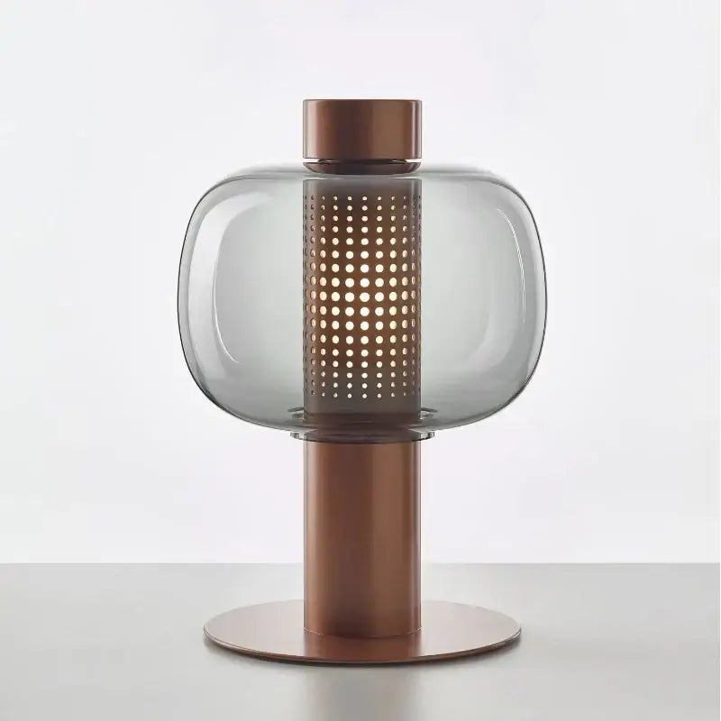 Modern black and gray glass table light with translucent gray glass body and copper metal base for bedroom decorbites table light