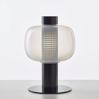 Modern black and gray glass table light with a frosted globe and perforated panel for bedroom decorbites table light