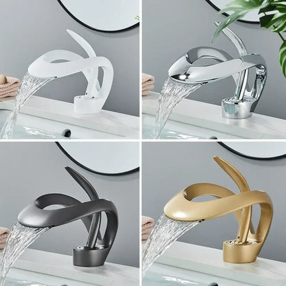 Modern black and grey waterfall mixer tap basin faucet with sleek sculptural design available in multiple finishes