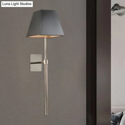 Modern black and nickel sconce light with brushed nickel finish and tapered gray fabric shade direct wired electric 110v-120v