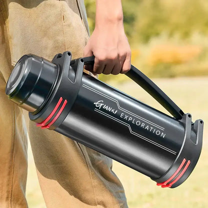 Modern black and red stainless steel thermos bottle with gianxi exploration branding and sturdy handle travel kettle design