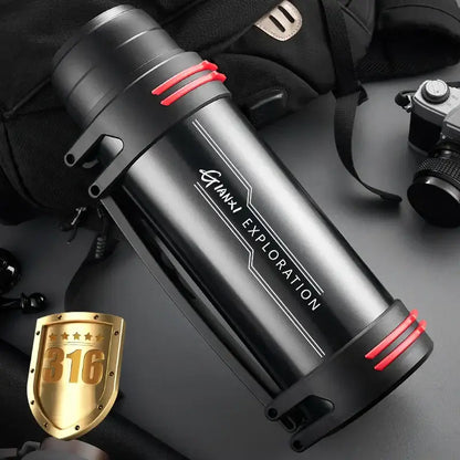 Modern black and red stainless steel thermos bottle with sleek design and tianxi exploration branding for travel kettle use