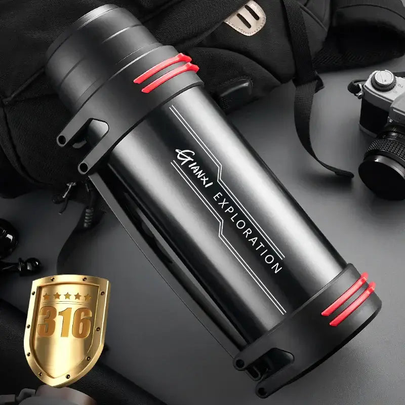 Modern black and red stainless steel thermos bottle with sleek design and tianxi exploration branding for travel kettle use