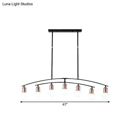 Black metal linear chandelier with six clear glass bulbs and rose gold accents for finish island light decorbites