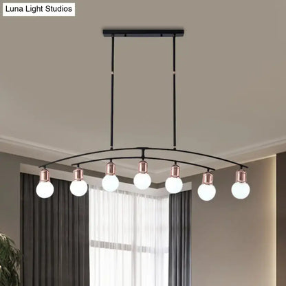 Modern black metal linear chandelier with five frosted glass globes and rose gold accents finish island light