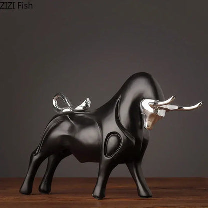 Modern black and silver bull sculpture with polished metallic accents by decorbites for living room decorbites bull sculpture