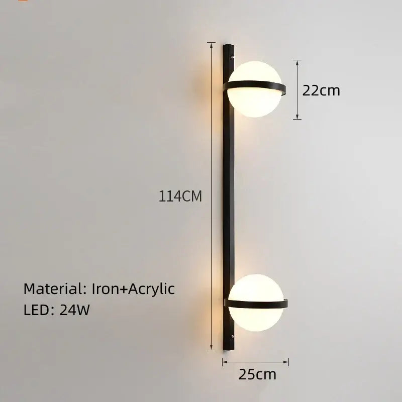 Modern black iron wall sconce with two white acrylic ball frosted glass shades for bedroom wall lights