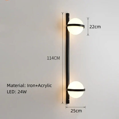 Modern black iron wall sconce with two white acrylic ball frosted glass shades for bedroom wall lights