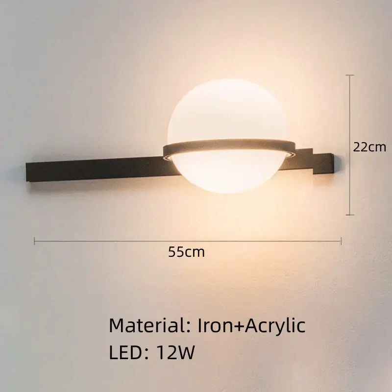 Modern black iron wall lights with white acrylic ball diffuser for bedroom sconces featuring spherical frosted glass