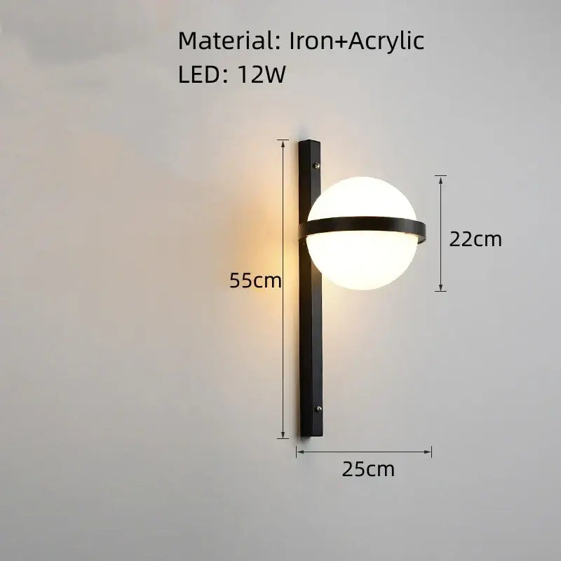 Modern black iron wall lights with white acrylic ball and frosted glass diffuser for bedroom sconces
