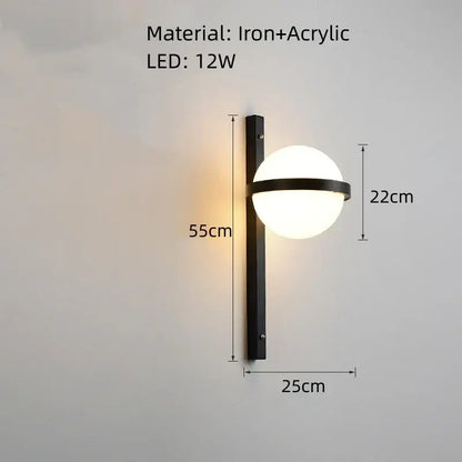 Modern black iron wall lights with white acrylic ball and frosted glass diffuser for bedroom sconces