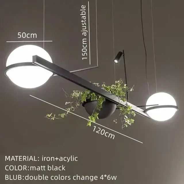 Modern matte black iron pendant light with white acrylic ball bulbs and central hanging planter for stylish wall lights