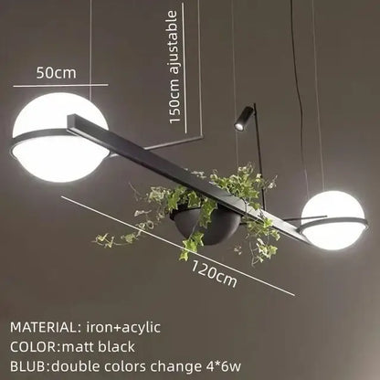Modern matte black iron pendant light with white acrylic ball bulbs and central hanging planter for stylish wall lights