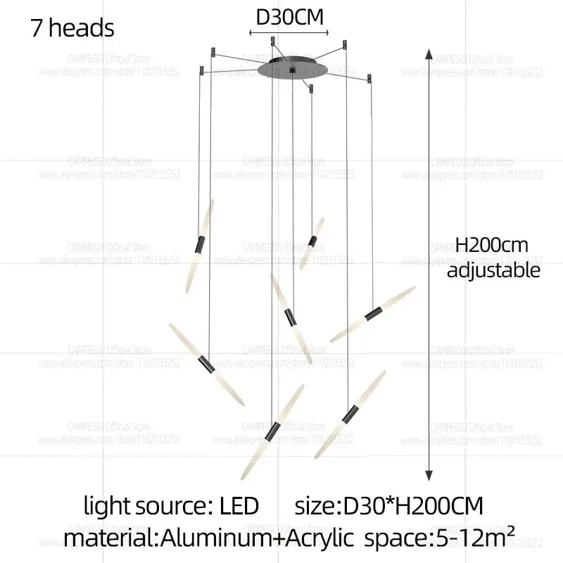 Modern black and white geometric stairwell pendant light with seven off-white acrylic arms and black accents d50 x h300cm
