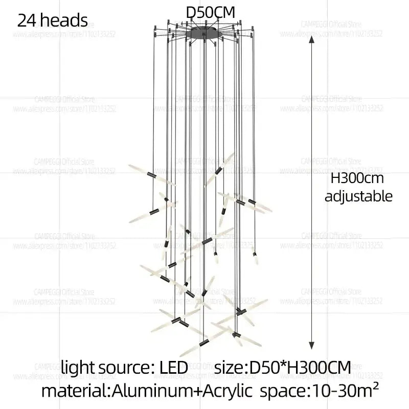 Modern black and white pendant light with 24 slender arms d50 x h300cm for geometric stairwell lighting