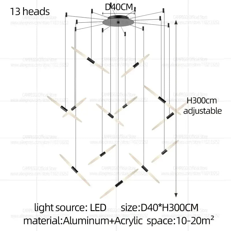 Modern black and white geometric pendant light with 13 angled led heads in acrylic and aluminum d50 x h300cm