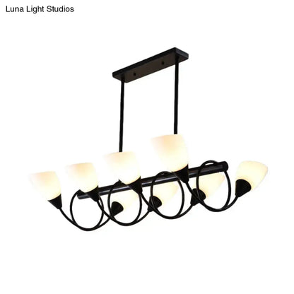Modern black metal kitchen pendant light fixture with six frosted glass shades and curved circular arms