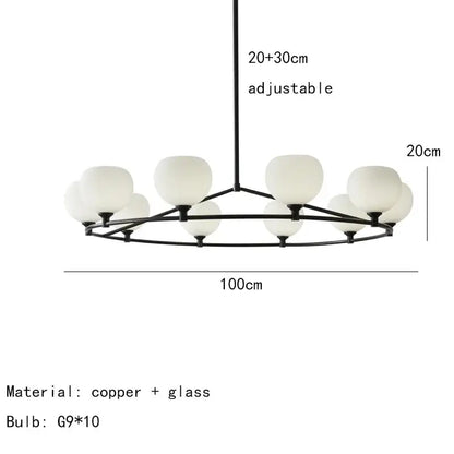 Modern black copper and white glass pendant lamp with ten frosted white glass globe shades for dining room lighting