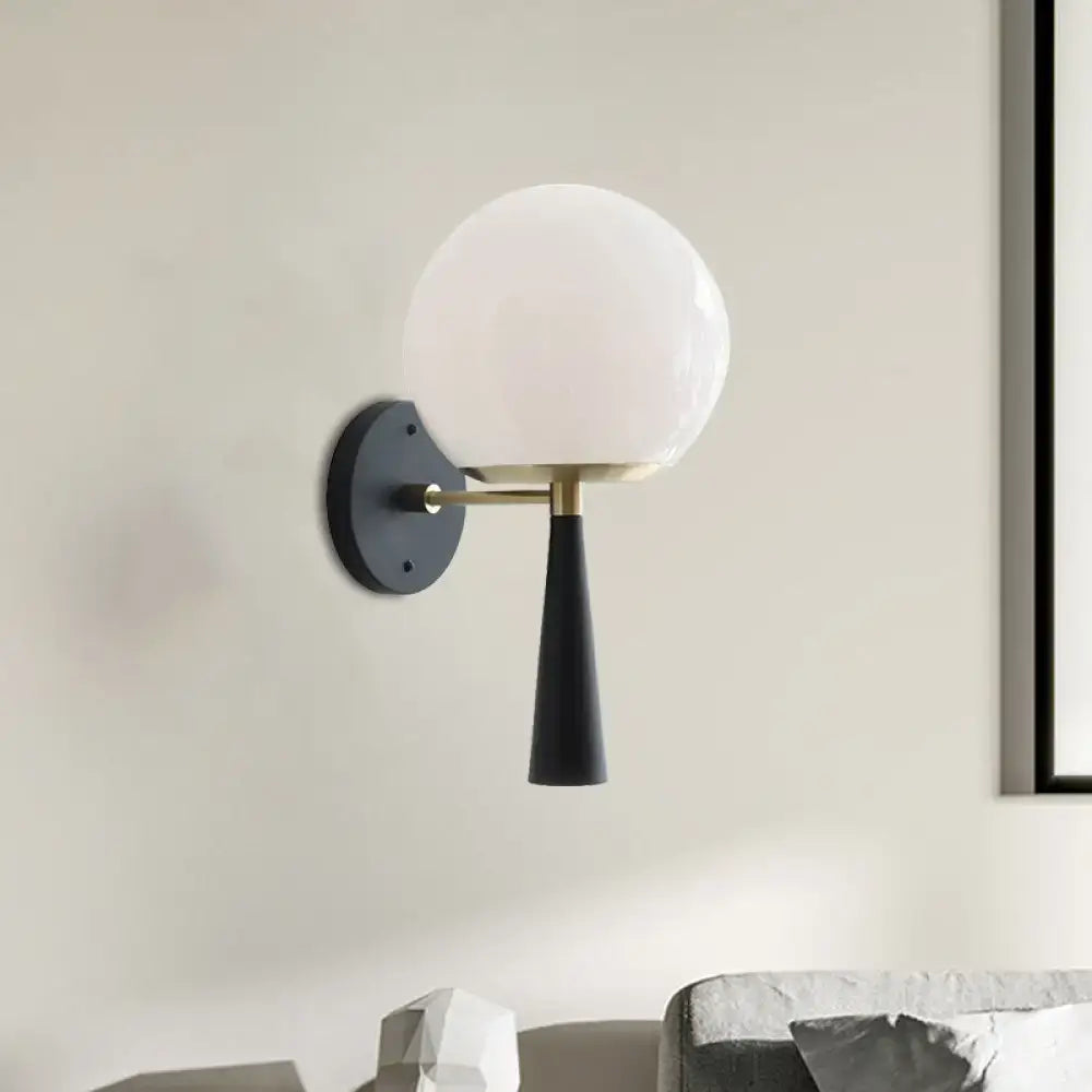 Modern black and white glass wall sconce light fixture with frosted white glass shade, brass hardware, and matte black base 220v-240v 110v-120v