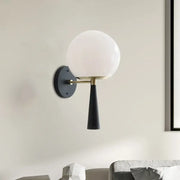 Modern black and white glass wall sconce light fixture with frosted white glass shade, brass hardware, and matte black base 220v-240v 110v-120v