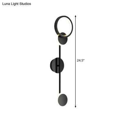 Modern black and white metallic round led wall sconce with circular fixtures and sleek vertical rod for living room lighting