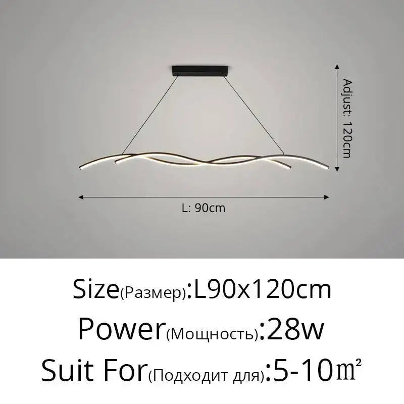 Modern black and white rectangular led pendant light with sleek wavy design for dining room illumination