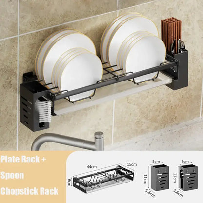Modern black metal two tier dish drainer rack with integrated spoon and chopstick holders for kitchen storage