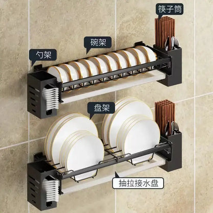 Modern black metal two tier dish drainer rack with white and gold rim plates and integrated chopstick holders for kitchen storage
