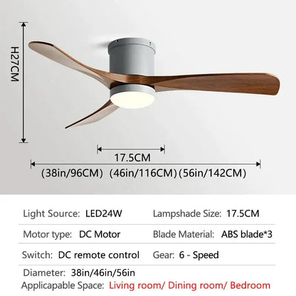 Modern black and wood 46in led ceiling fan with three dark brown wooden blades and integrated led light for bedrooms