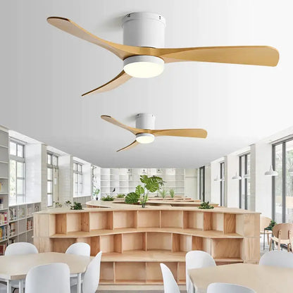 Modern black and wood decorbites 46in led ceiling fan with three light wooden blades and white central housing for bedrooms
