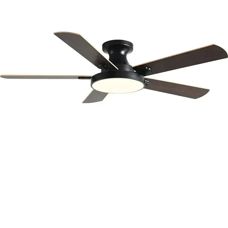 Modern black ceiling fan light with five dark wood blades and circular frosted glass fan light for living room chandelier
