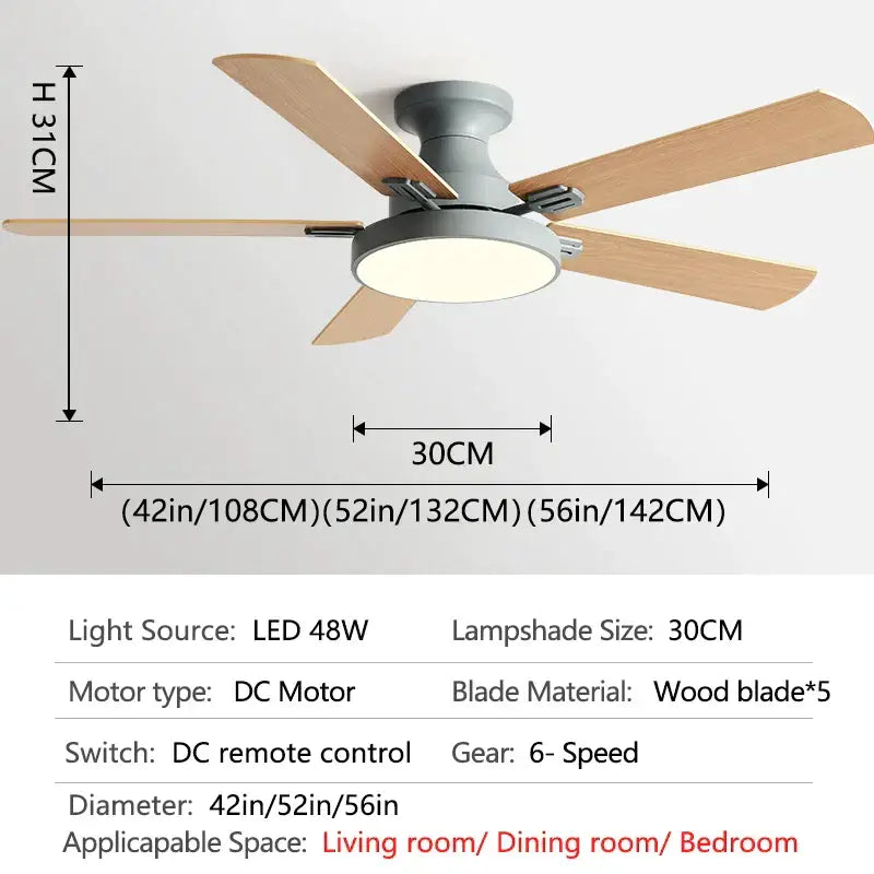 Modern black and wood ceiling fan light with five light wooden blades and integrated led lampshade for living room