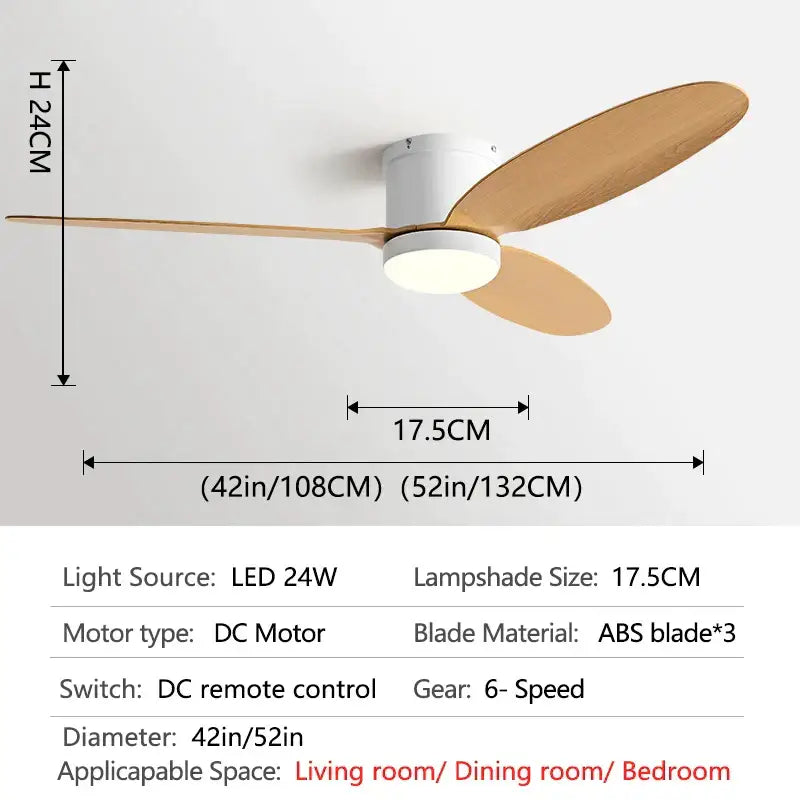 Modern black dc ceiling fan with remote control featuring three light wood blades and integrated led light for bedroom use