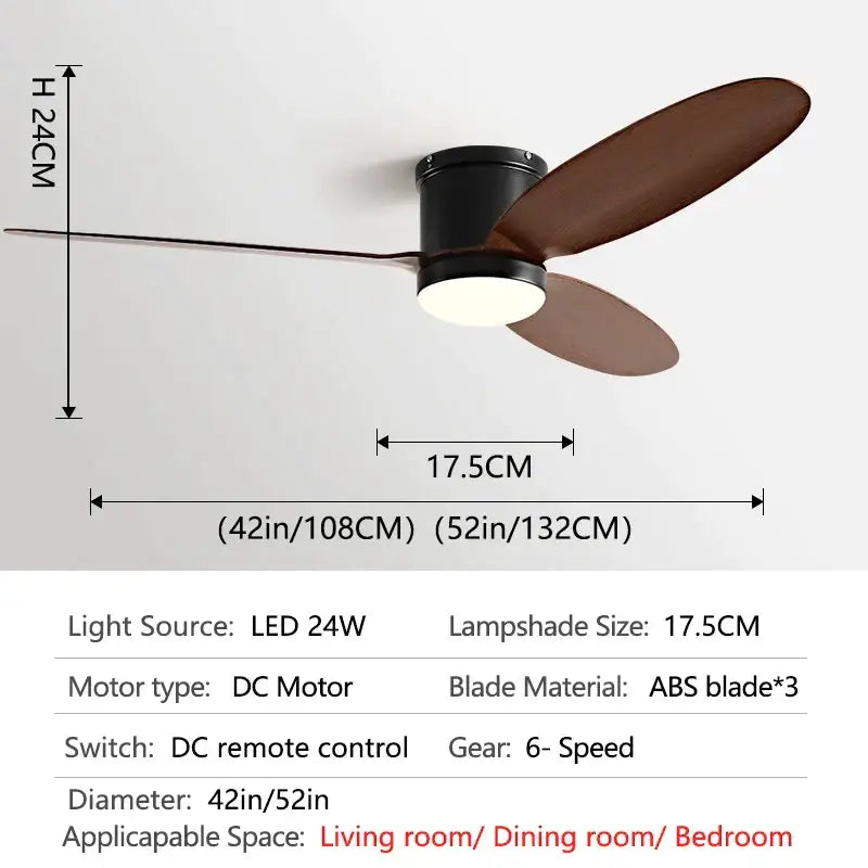 Modern black dc ceiling fan with three dark brown abs blades, integrated led light, and remote control for bedroom use