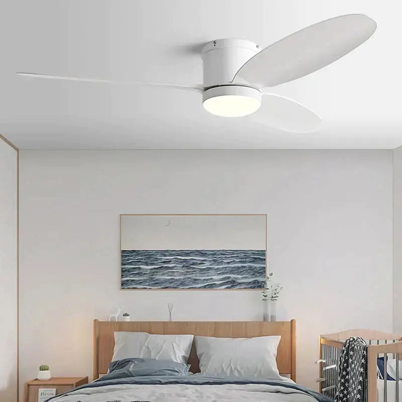 Modern black and wood dc ceiling fan with remote control featuring a white sleek ceiling fan with integrated led lighting
