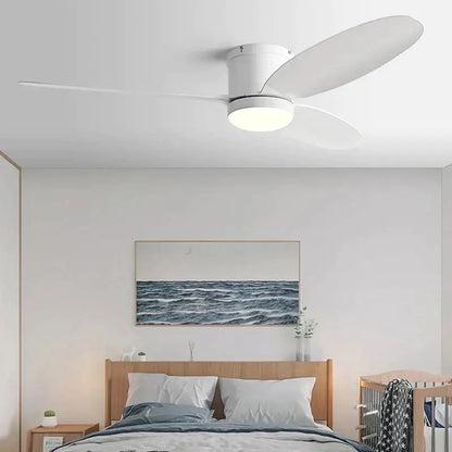 Modern black and wood dc ceiling fan with remote control featuring a white sleek ceiling fan with integrated led lighting